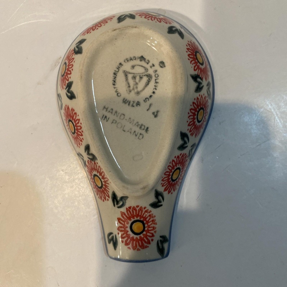 Polish Pottery Spoon Rest 5" Daisy Flower Pattern Blue Red Stamped Made Poland - Picture 3 of 4